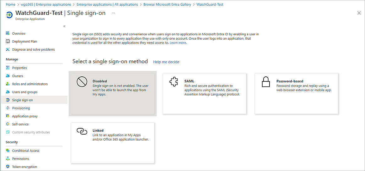 Screenshot of Microsoft Entra ID, select SAML as the SSO method.